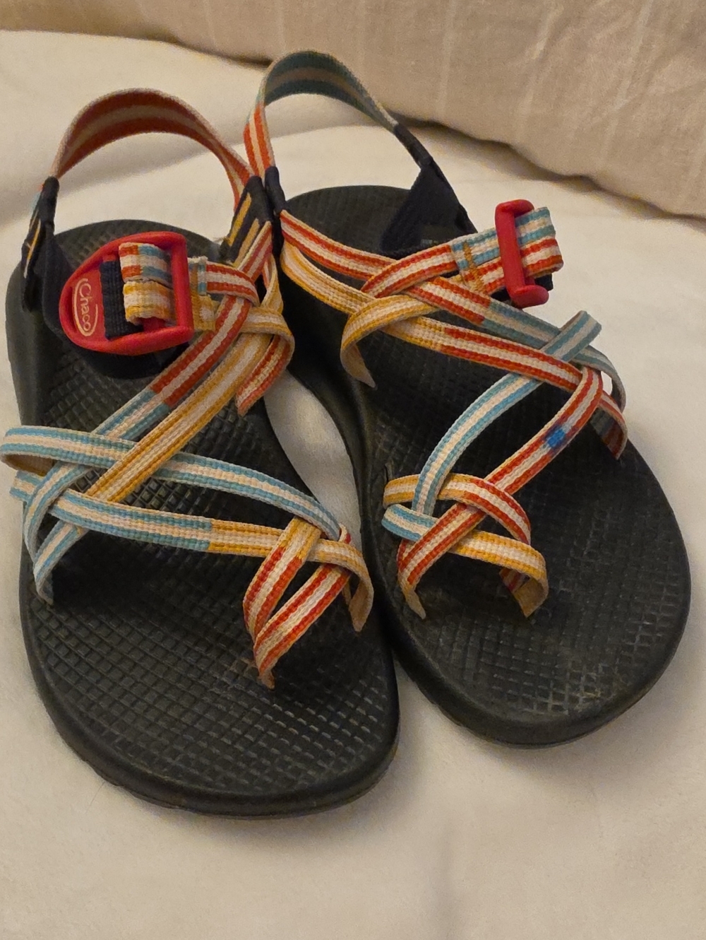 Chaco Womens Size 6 Strappy Sandals W/Red, Orange, Yellow & Light Blue Stripes